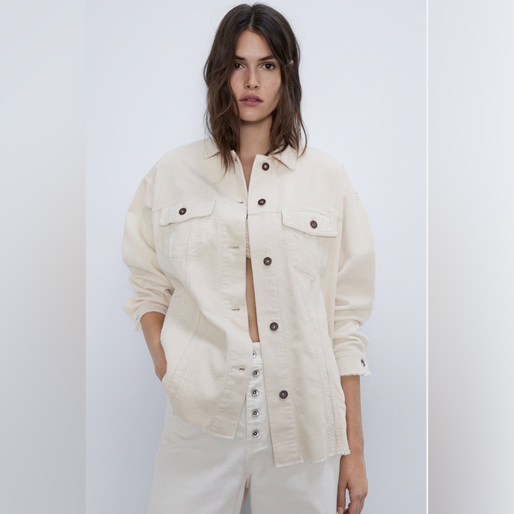 Zara Cream Oversized Corduroy Jacket with Pockets Size M